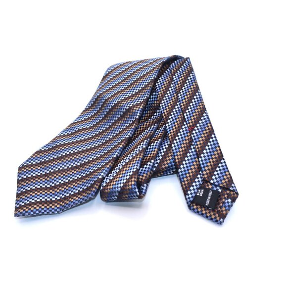Isaia Napoli Men's Silk Tie Checkered Pattern Made In Italy Brown & Blue Luxury - Picture 1 of 6